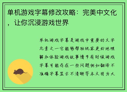 单机游戏字幕修改攻略：完美中文化，让你沉浸游戏世界